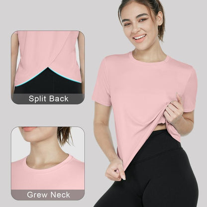 Women'S UPF 50+ Sun Protection Workout Shirts Short Sleeve Cropped Split Back Athletic Tops Active Running Gym Quick Dry Athletic Tops